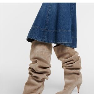 Blue Denim Skirt with Tan Slouch Boots